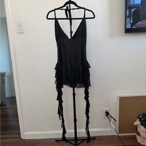 Women’s Black Halter Neck Bodysuit with Sheer Ruffle Skirt (Large)